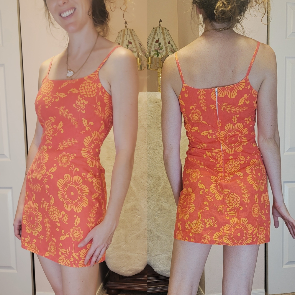 *Vintage Bright Pink and Vibrant Orange Tropical Mini Dress*